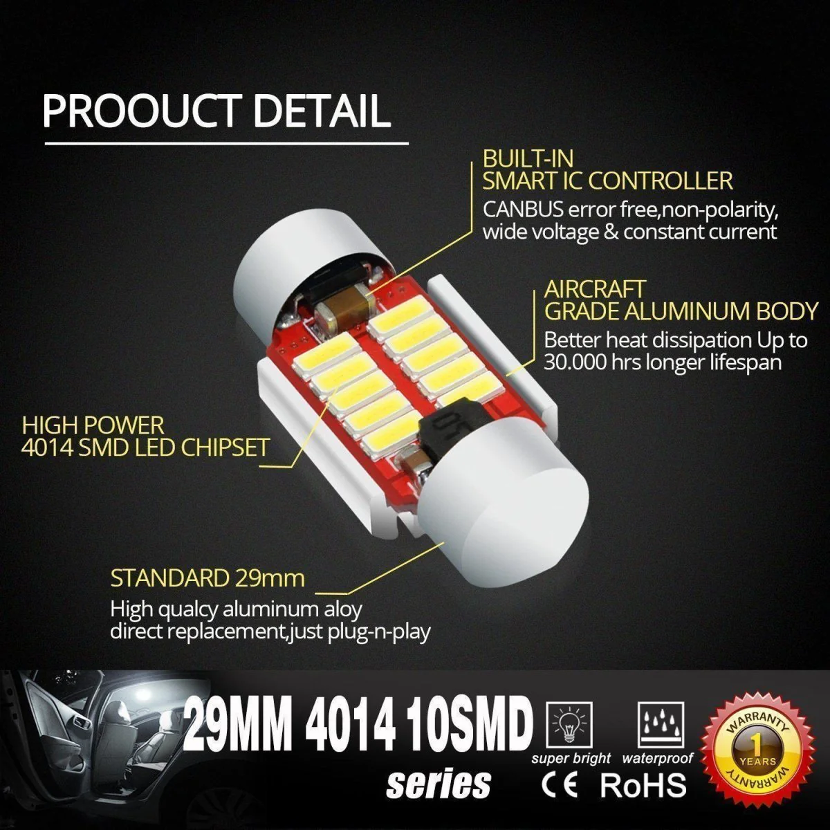 DE3175 DE3021 LED Bulbs Festoon Interior Map Dome Lights, 6K White - Image 3