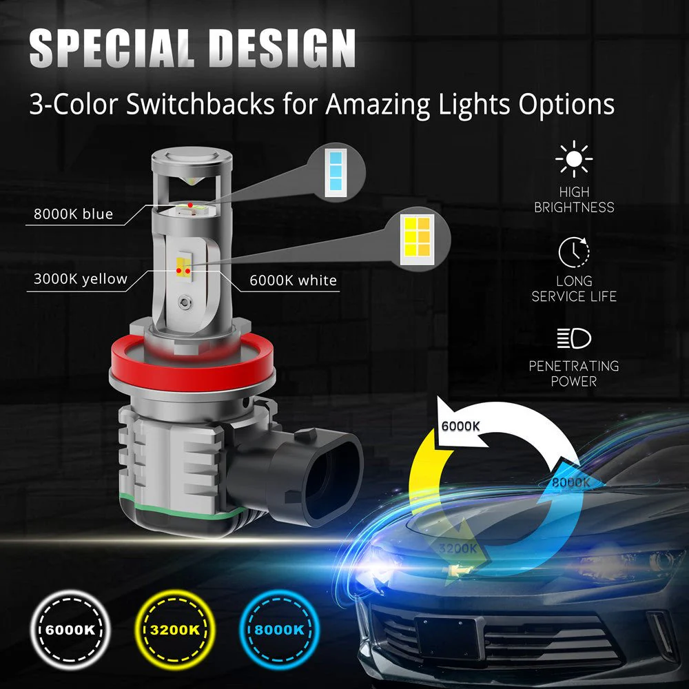 H11 H8 H16 LED Switchback Bulbs Fog Lights | White, Yellow, Blue - Image 3